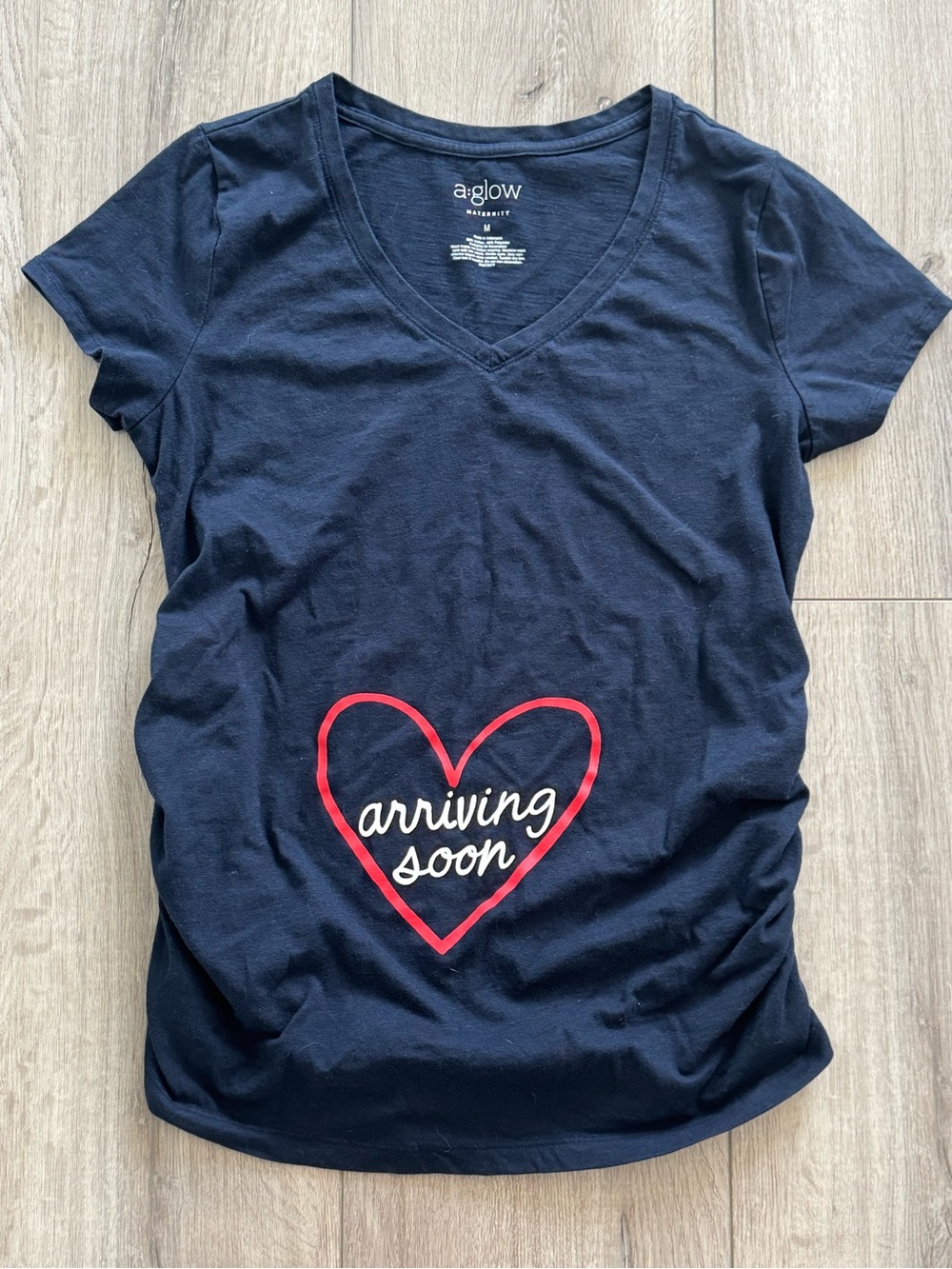 Navy V-Neck Maternity Tee with Red Heart “Arriving Soon”